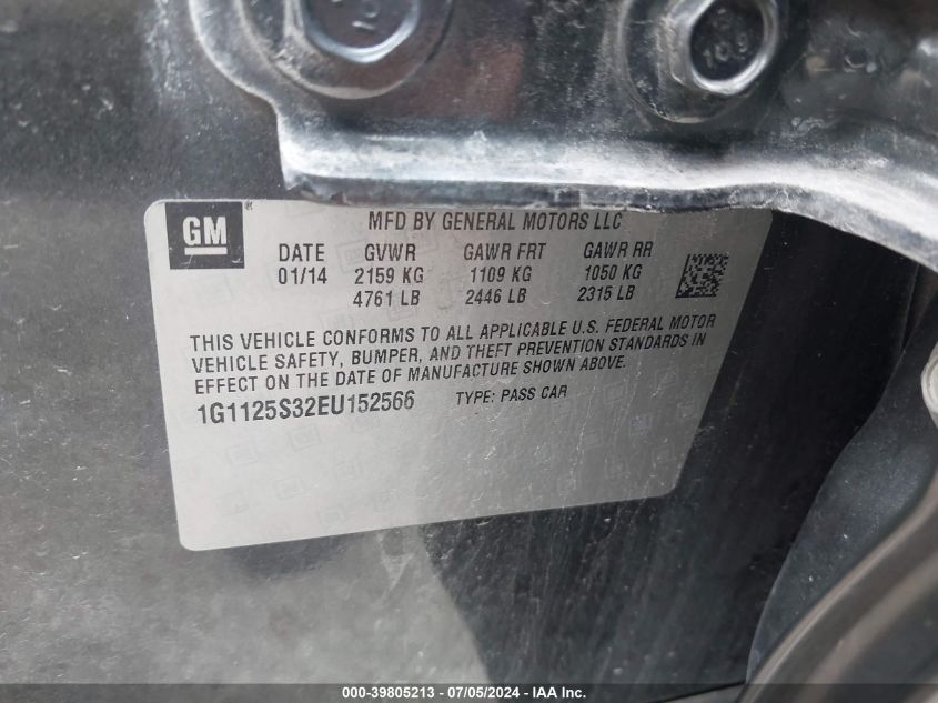 2014 Chevrolet Impala 2Lt VIN: 1G1125S32EU152566 Lot: 39805213