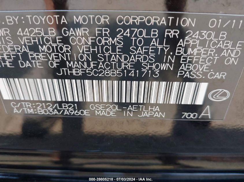 2011 Lexus Is 250 VIN: JTHBF5C28B5141713 Lot: 39805218