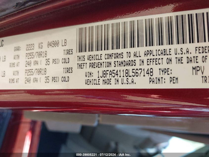 2008 Jeep Wrangler Sahara VIN: 1J8FA54118L567148 Lot: 39805221