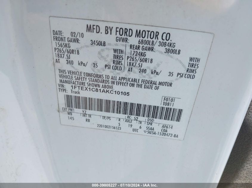 2010 Ford F150 Super Cab VIN: 1FTEX1C81AKC10105 Lot: 39805227