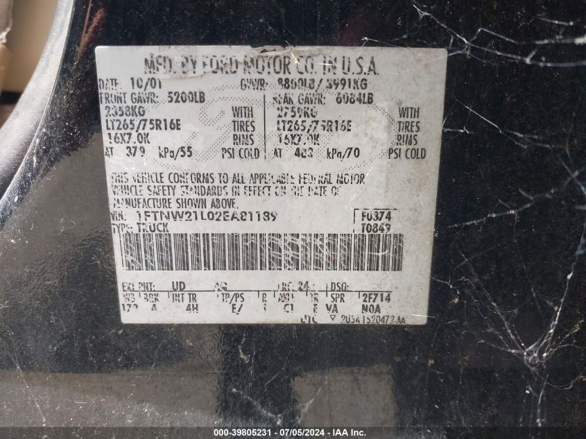 2002 Ford F-250 Lariat/Xl/Xlt VIN: 1FTNW21L02EA81189 Lot: 39805231