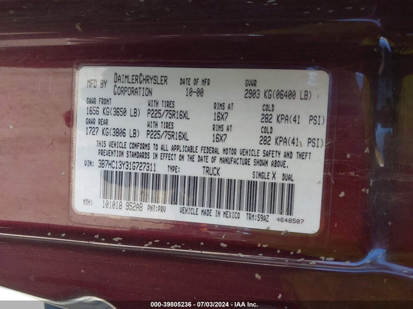 2001 Dodge Ram 1500 St VIN: 3B7HC13Y31G727311 Lot: 39805236