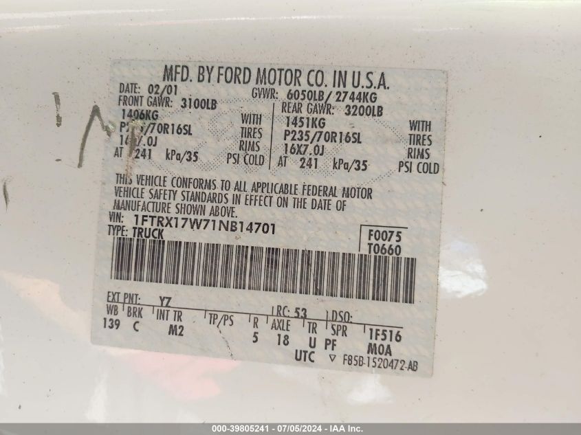 2001 Ford F-150 Lariat/Xl/Xlt VIN: 1FTRX17W71NB14701 Lot: 39805241