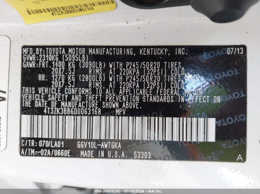 2013 Toyota Venza Xle V6 VIN: 4T3ZK3BB6DU063168 Lot: 39805243