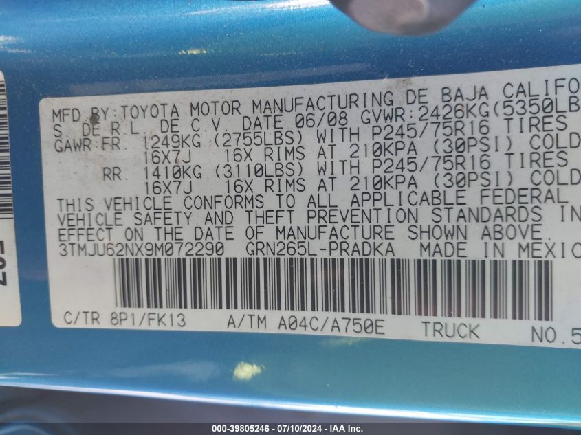 2009 Toyota Tacoma Prerunner V6 VIN: 3TMJU62NX9M072290 Lot: 39805246