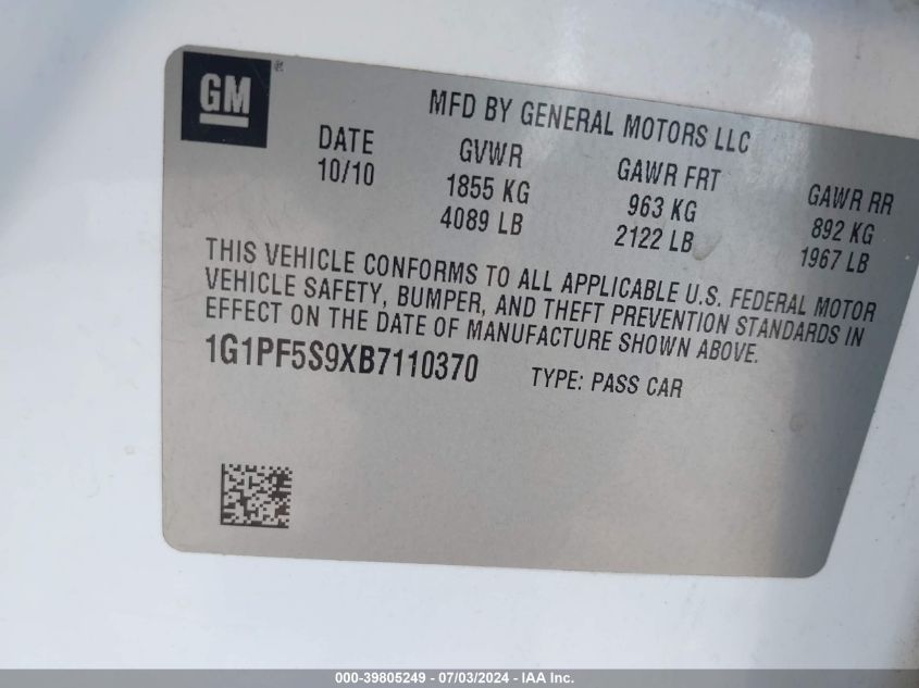 2011 Chevrolet Cruze 1Lt VIN: 1G1PF5S9XB7110370 Lot: 39805249