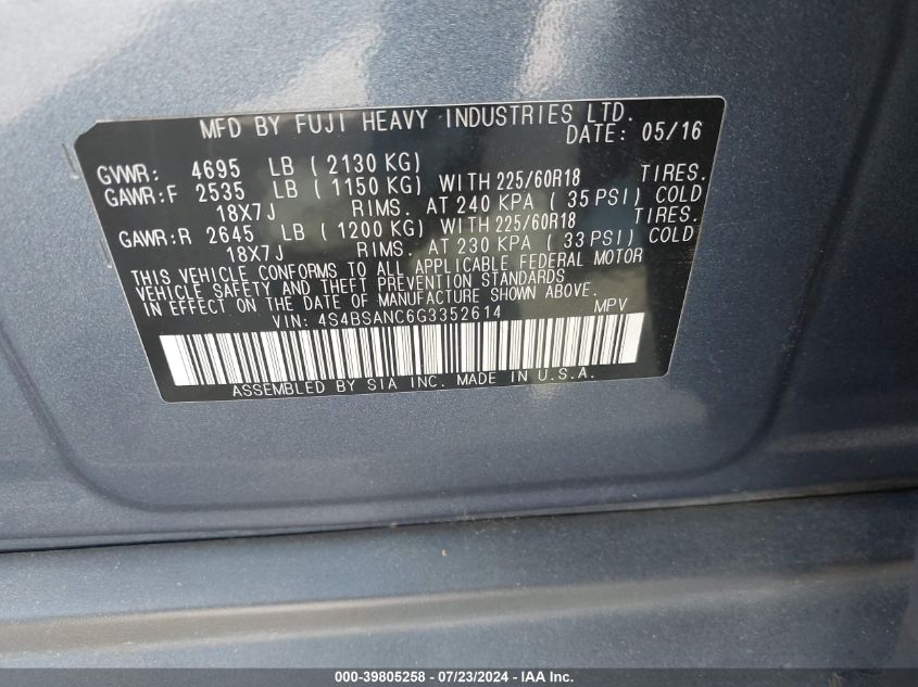 2016 Subaru Outback 2.5I Limited VIN: 4S4BSANC6G3352614 Lot: 39805258