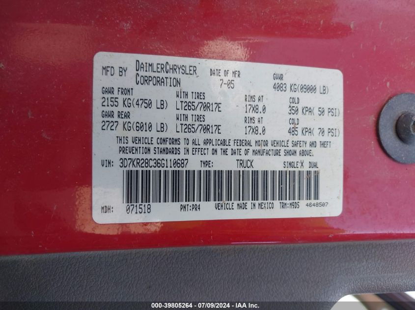 2006 Dodge Ram 2500 St/Slt VIN: 3D7KR28C36G110687 Lot: 39805264