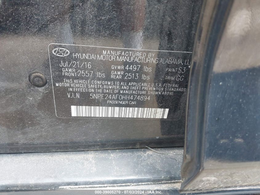 5NPE24AF0HH474894 | 2017 HYUNDAI SONATA