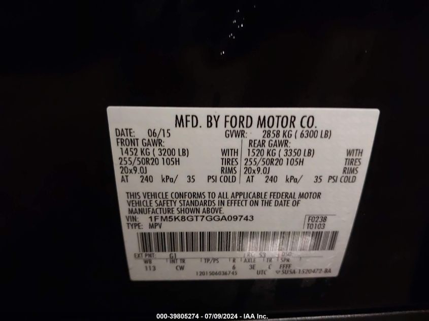 2016 Ford Explorer Sport VIN: 1FM5K8GT7GGA09743 Lot: 39805274