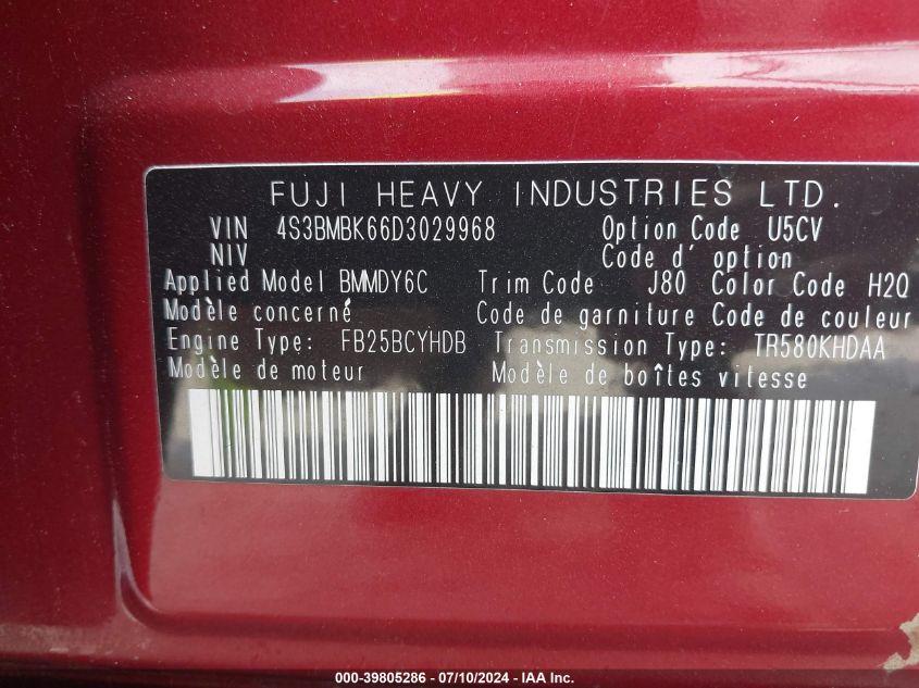 2013 Subaru Legacy 2.5I Limited VIN: 4S3BMBK66D3029968 Lot: 39805286