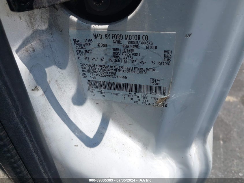 2006 Ford F-250 Lariat/Xl/Xlt VIN: 1FTSX20P96EC15689 Lot: 39805309