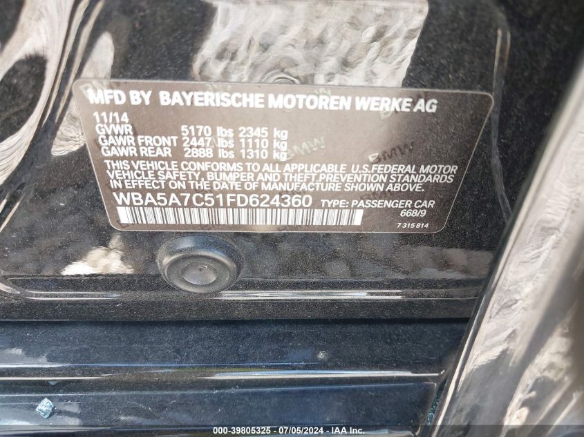 2015 BMW 528I xDrive VIN: WBA5A7C51FD624360 Lot: 39805325