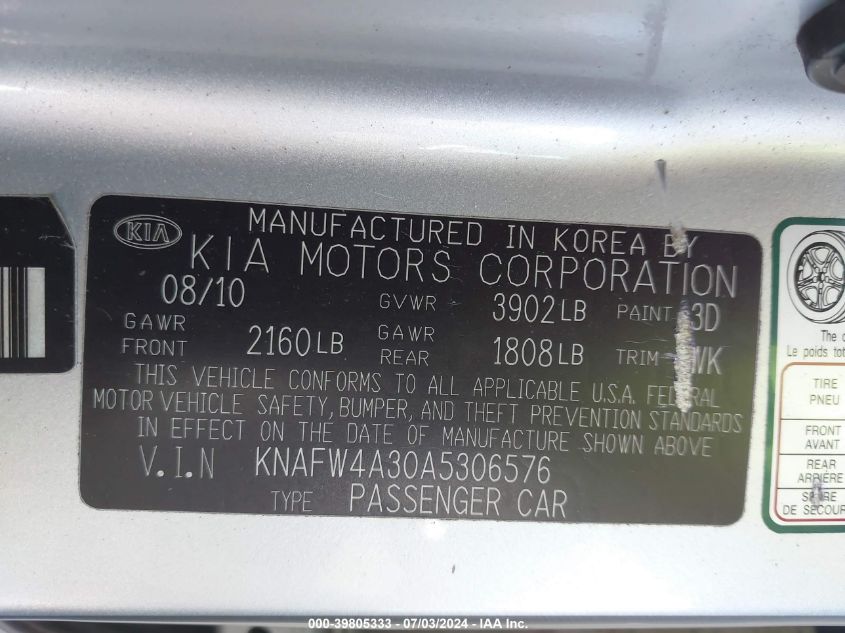 2010 Kia Forte Sx VIN: KNAFW4A30A5306576 Lot: 39805333