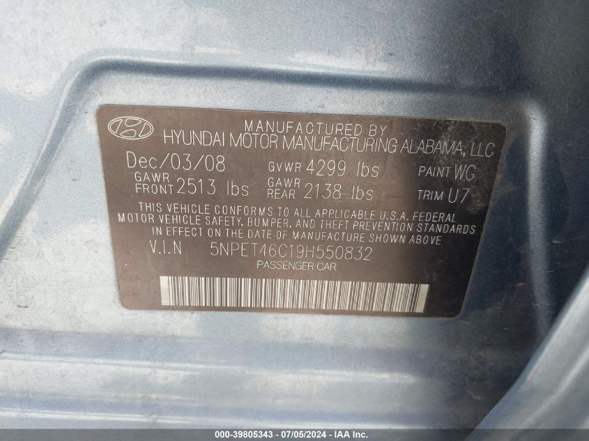 5NPET46C19H550832 2009 Hyundai Sonata Gls