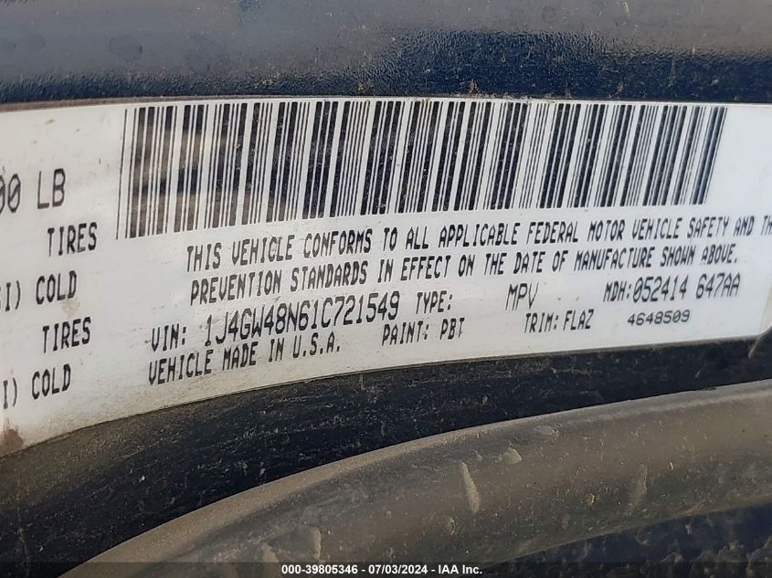 2001 Jeep Grand Cherokee Laredo VIN: 1J4GW48N61C721549 Lot: 39805346