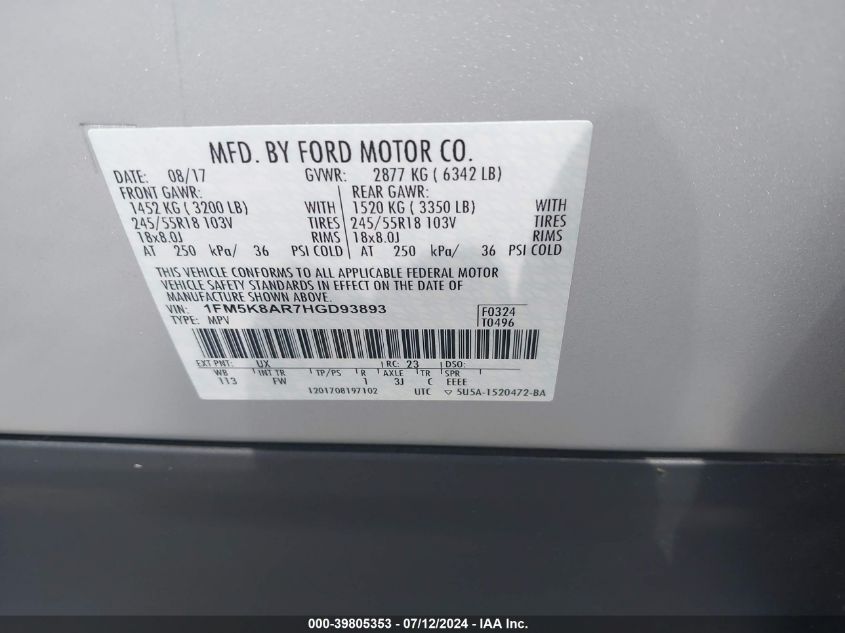 2017 Ford Explorer Police Interceptor VIN: 1FM5K8AR7HGD93893 Lot: 39805353