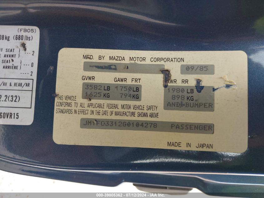 1986 Mazda Rx7 VIN: JM1FC3312G0104278 Lot: 39805362