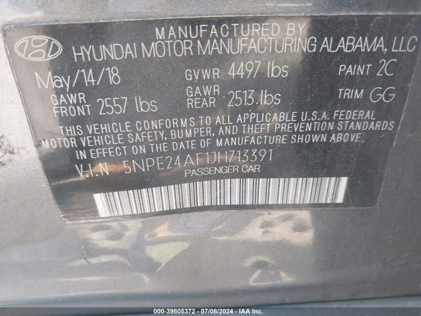 2018 Hyundai Sonata Se VIN: 5NPE24AF1JH713391 Lot: 39805372