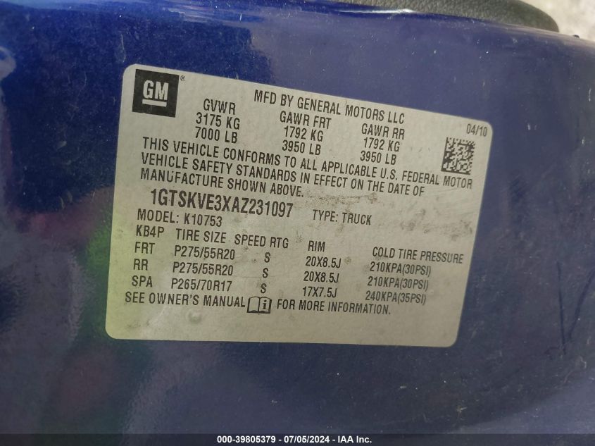 2010 GMC Sierra 1500 Sle VIN: 1GTSKVE3XAZ231097 Lot: 39805379