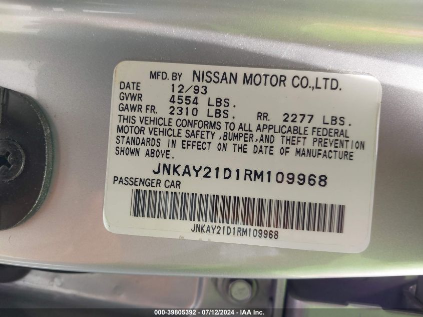 1994 Infiniti J30 VIN: JNKAY21D1RM109968 Lot: 39805392