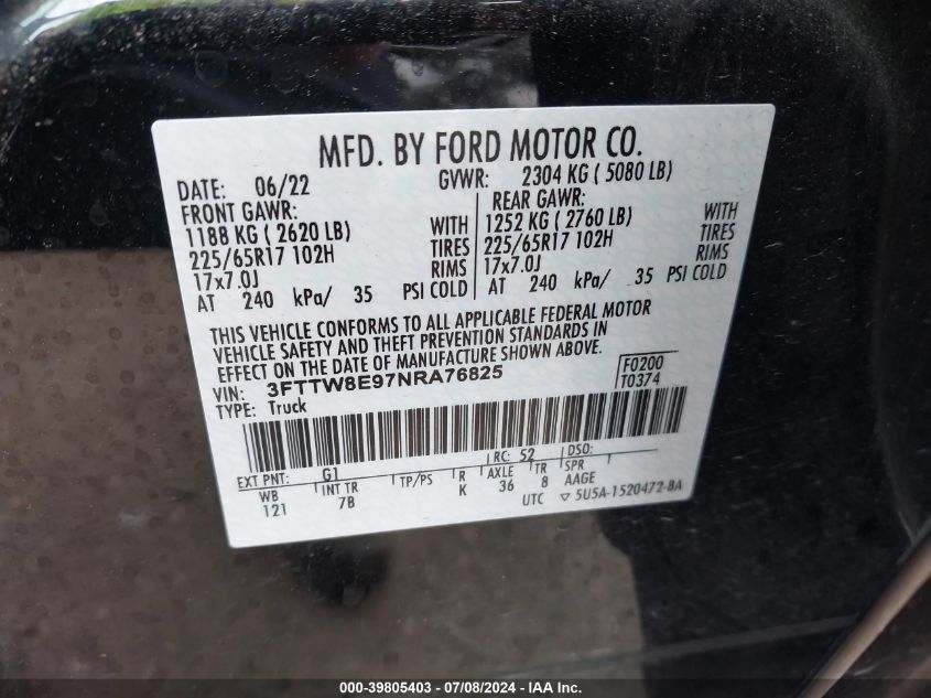 2022 Ford Maverick Xl/Xlt/Lariat VIN: 3FTTW8E97NRA76825 Lot: 39805403