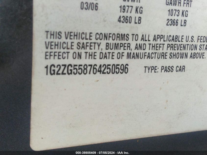 2006 Pontiac G6 Se1 VIN: 1G2ZG558764250596 Lot: 39805409