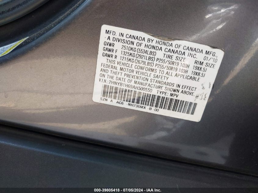 2010 Acura Zdx VIN: 2HNYB1H69AH500550 Lot: 39805418