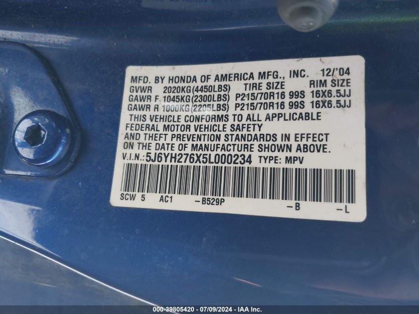 2005 Honda Element Ex VIN: 5J6YH276X5L000234 Lot: 39805420