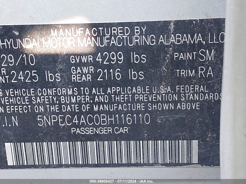 2011 Hyundai Sonata Limited VIN: 5NPEC4AC0BH116110 Lot: 39805427