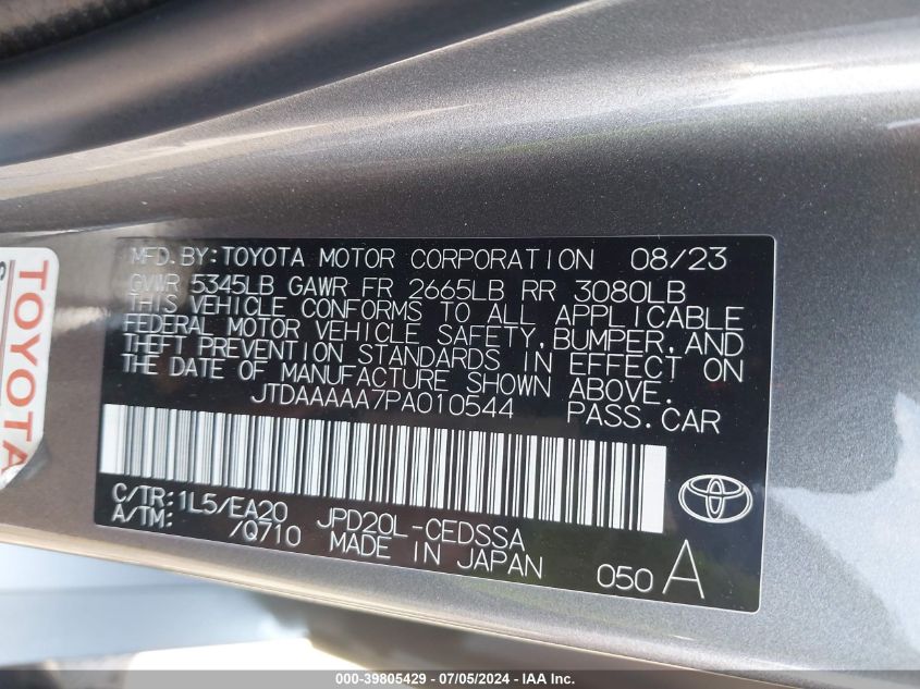 2023 Toyota Mirai Xle VIN: JTDAAAAA7PA010544 Lot: 39805429