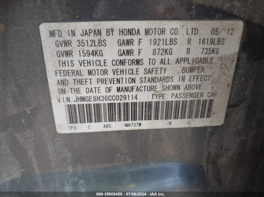 2012 Honda Fit VIN: JHMGE8H36CC029114 Lot: 39805450