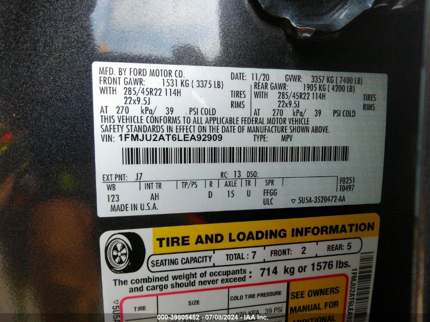 2020 Ford Expedition Limited VIN: 1FMJU2AT6LEA92909 Lot: 39805452