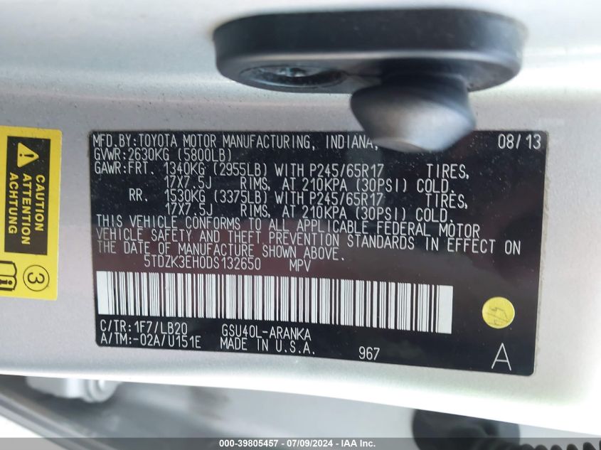 2013 Toyota Highlander Plus/Se VIN: 5TDZK3EH0DS132650 Lot: 39805457