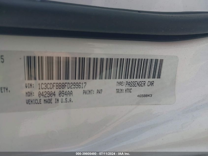 2015 Dodge Dart Sxt VIN: 1C3CDFBB8FD299617 Lot: 39805480