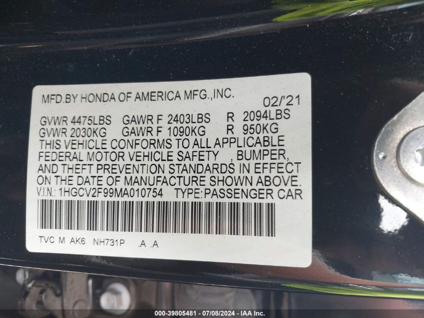 2021 Honda Accord Touring VIN: 1HGCV2F99MA010754 Lot: 39805481