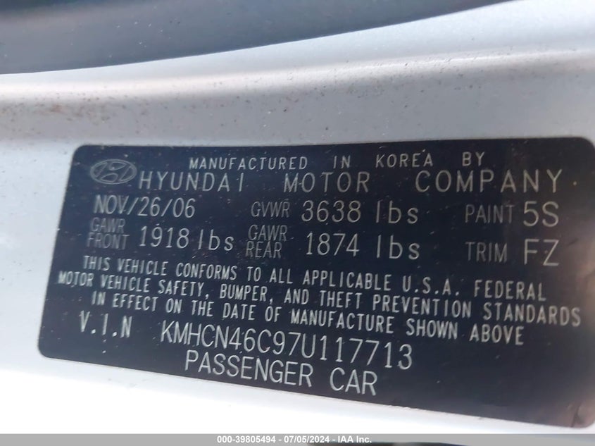 2007 Hyundai Accent Gls VIN: KMHCN46C97U117713 Lot: 39805494