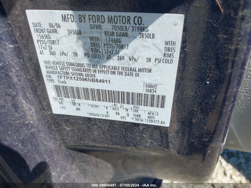 2006 Ford F-150 Lariat/Xl/Xlt VIN: 1FTPX12596NB84911 Lot: 39805497