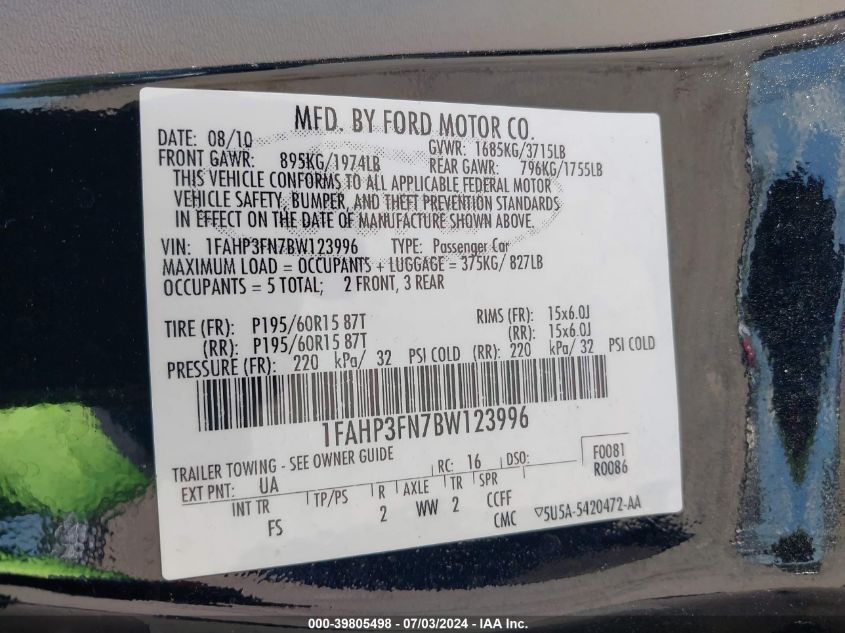 2011 Ford Focus Se VIN: 1FAHP3FN7BW123996 Lot: 39805498