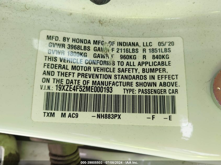 2021 HONDA INSIGHT EX - 19XZE4F52ME000193