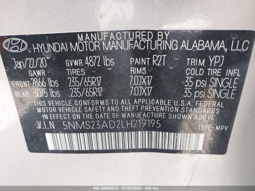 2020 Hyundai Santa Fe Se VIN: 5NMS23AD2LH219195 Lot: 39805515