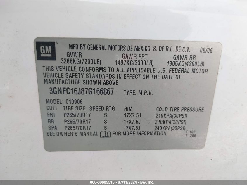 2007 Chevrolet Suburban 1500 Ls VIN: 3GNFC16J87G166867 Lot: 39805516