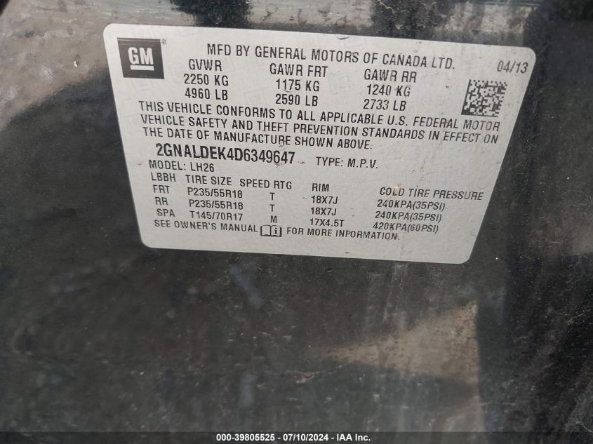 2013 Chevrolet Equinox Lt VIN: 2GNALDEK4D6349647 Lot: 39805525