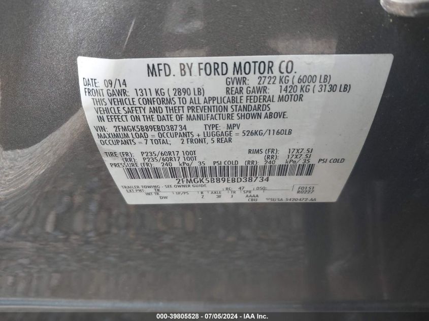 2014 Ford Flex Se VIN: 2FMGK5B89EBD38734 Lot: 39805528