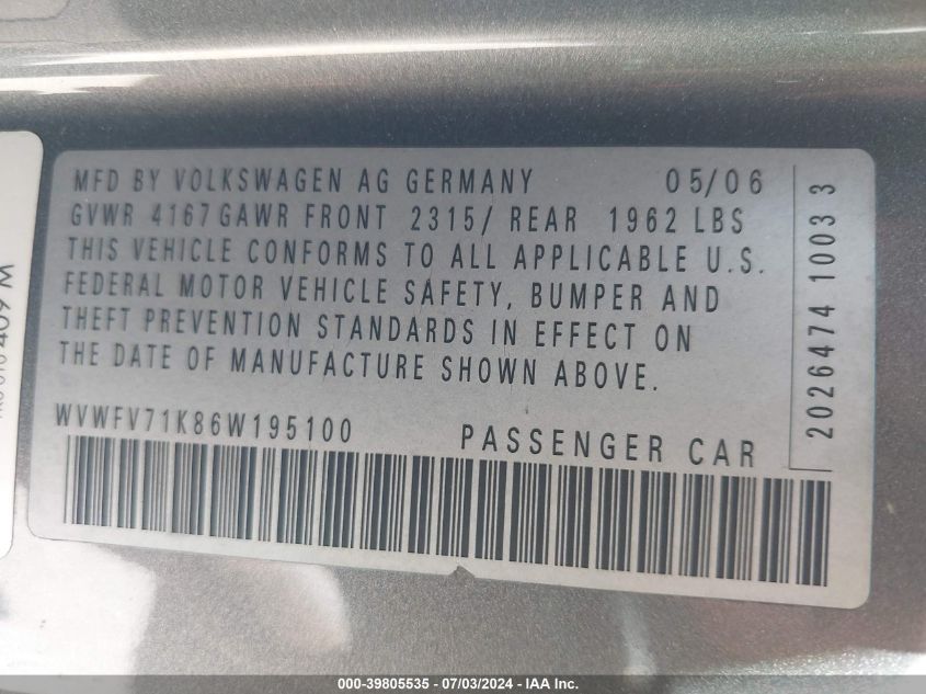 2006 Volkswagen Gti 2-Door VIN: WVWFV71K86W195100 Lot: 39805535