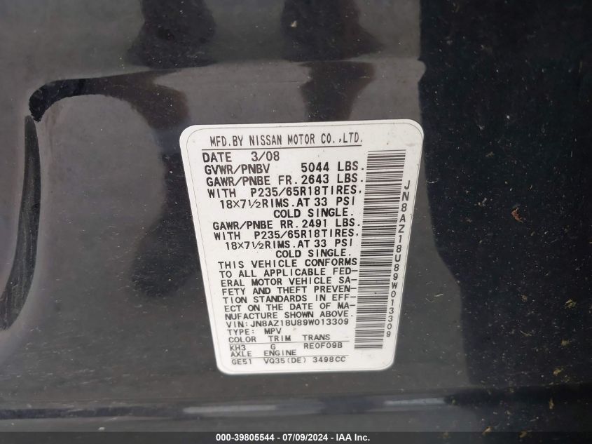 2009 Nissan Murano S/Sl VIN: JN8AZ18U89W013309 Lot: 39805544
