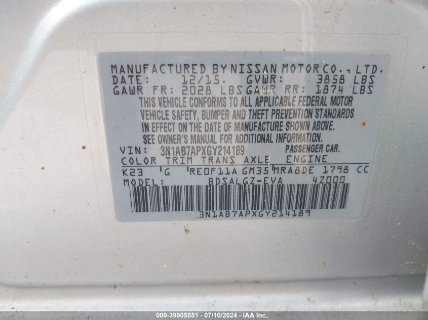 2016 Nissan Sentra Sl VIN: 3N1AB7APXGY214189 Lot: 39805551