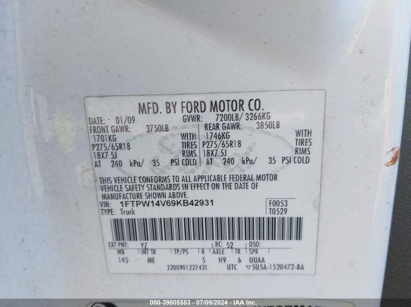2009 Ford F-150 Supercrew VIN: 1FTPW14V69KB42931 Lot: 39805553