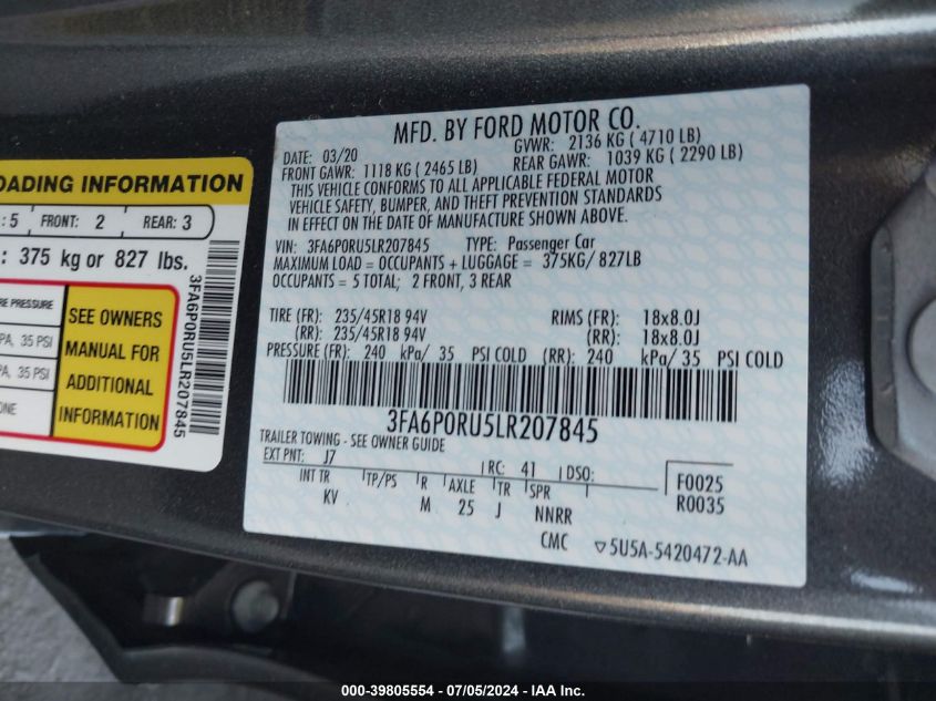 2020 Ford Fusion Hybrid Titanium VIN: 3FA6P0RU5LR207845 Lot: 39805554