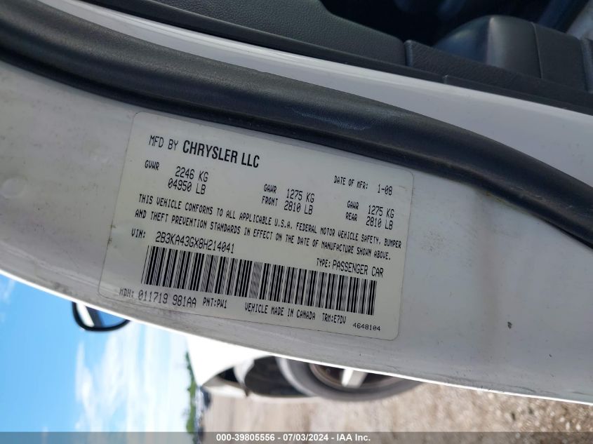 2008 Dodge Charger VIN: 2B3KA43GX8H214041 Lot: 39805556